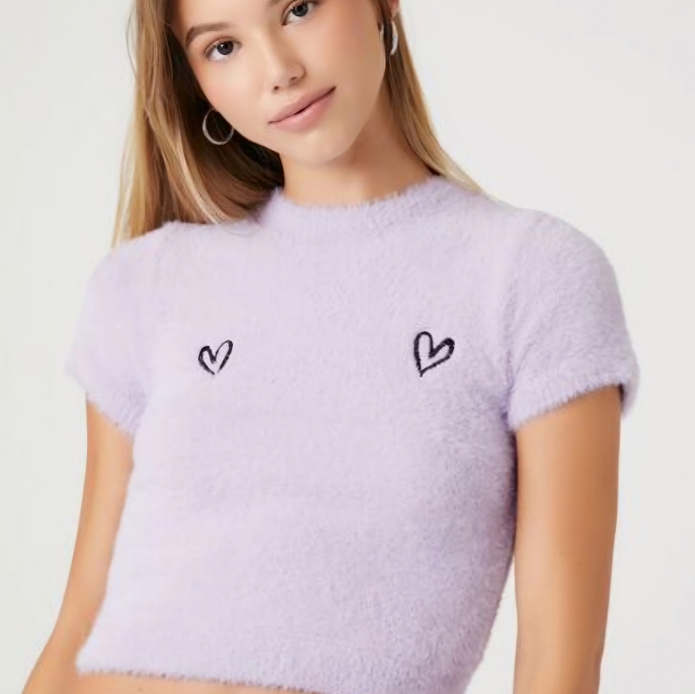 Fuzzy Sweater-Knit Heart Cropped Tee